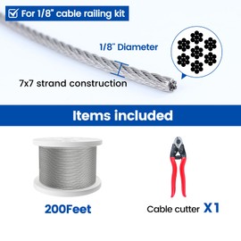 Muzata 200 ft 1/8" Stainless Steel Cable Railing System Hardware T316 Stainless Steel Wire Rope 7x7 1800 lb Breaking Strength Deck Cable Railing Kit with Wire Cutter for Indoor Outdoor Coastal WR02