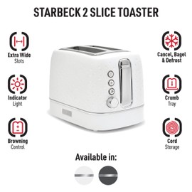 Haden Starbeck 2 Slice Wide Slot Stainless Steel Toaster with Adjustable Browning Control & Non-Slip Feet, White & Chrome