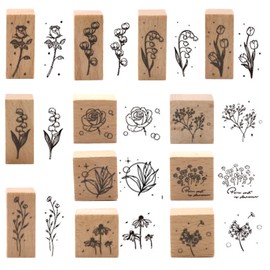 12 Pieces Vintage Wooden Flower Stamp Rubber Plant Decorative Mounted Rubber Stamp Set for DIY Craft, Letters Diary and Craft Scrapbooking