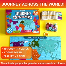 QUOKKA World Map Geography Game for Kids Ages 8-12 and Families – Learn Capitals, Flags, Facts, and Map Locations with 195 Country Cards, Chips, Board & Coin – Fun World Learning Game