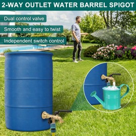 Rain Barrel Spigot Kit - with 2 Way NPT 3/4'' Outlet, Brass Rain Water Barrel Spigot with 1-1/4 inch Bulkhead Fitting for Rain Water Collection Barrel