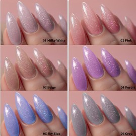AHAMIOU Nail Polish Holographic Pink Shimmer Gel Nails Glitter Set Sparkly Shiny Reflective Nail Polish Kit Neutral Sheer Nude Gel Polish Diamond Gel for Home Salon DIY,6PCS