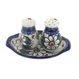 Polish Pottery Ladybug Salt & Pepper Shakers with Tray