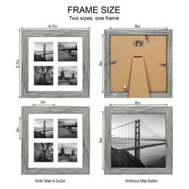 Hongkee 8x8 Picture Frame Set of 2, with Glass and Grey Wood Frames, Display Collage Four Opening 3x3 With Mat or 8 x 8 Without Mat for Wall Hanging or Tabletop