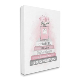 Stupell Industries Pink Roses Perfume Bottle Glam Fashion Bookstack, Designed by Amanda Greenwood Canvas Wall Art, 36 x 48