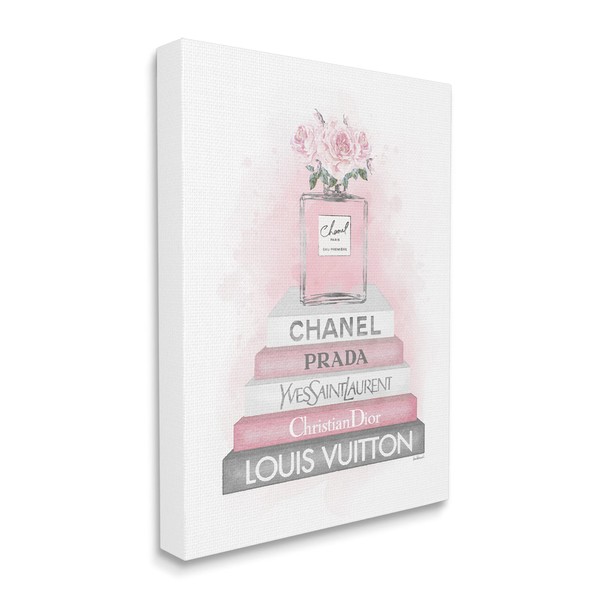 Stupell Industries Pink Roses Perfume Bottle Glam Fashion Bookstack, Designed