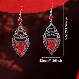 WUWEIJIAJIA Bohemian Style Retro Geometric Alloy Dangle Drop Earrings Ethnic Colored Rhinestone Hollow Dangle Drop Earrings (Red)