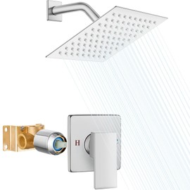 Heyalan 8 Inch Shower Head and Handle Set Square Shower Faucet Set Bathroom Rainfall Shower System Stainless Steel Showerhead Single Function Shower Trim Kit,Female Thread Valve,Polished Chrome