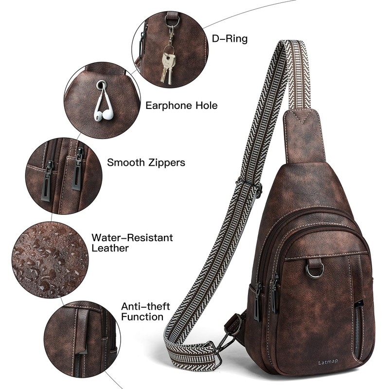 LATMAP 7L Sling Bag for Women Men Leather Small Sling