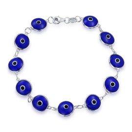 Protection Good Luck Amulet Turkish Glass Bead Evil Eye Bracelet For Women Teen .925 Sterling Silver Navy Blue 7 Inch