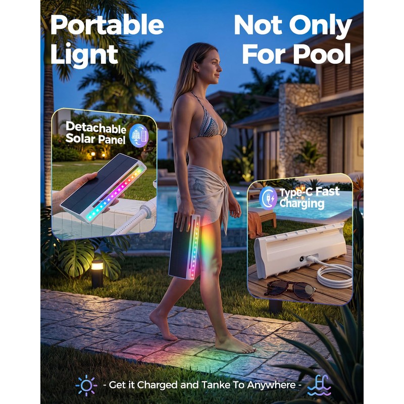 Solar Pool Fountain with Lights, Dual-Head Adjustable Spray, Timer