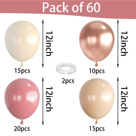 Retro Blush Pink Balloons 60 pcs 12 Inch with 3 pcs White Ribbon Rose Gold Balloons Peach Dusty Pink Balloons for Birthday Baby Shower Graduation Wedding Mother's Day Party Decorations