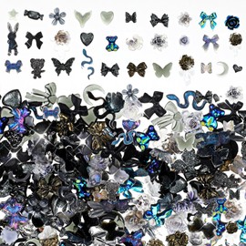 200 pcs Art Nail Charms Mixture Nail Accessories Supplies Bow Charms for Nails DIY Art Decoration Making Craft Black