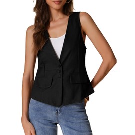 Allegra K Women's Casual Linen Vest Loose Sleeveless Blazer Lightweight Jacket Waistcoat Large Black