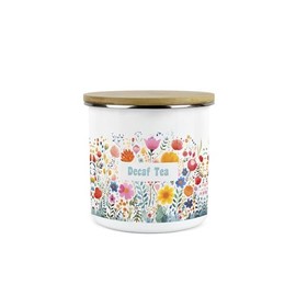 Purely Home Floral Meadow Decaf Tea Storage Canister - Bright Floral White Metal Enamel Medium Sized Kitchen Food Storage Container