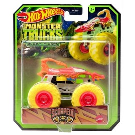 Hot Wheels Monster Trucks Glow in The Dark Scorpedo, 1:64 Scale, Orange with Yellow Wheels, 2024 Diecast
