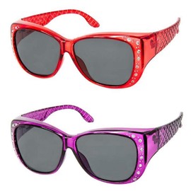 2 Pair The Starlet Polarized 55 mm Fit Over OTG Butterfly Rhinestone Sunglasses, Red Purple