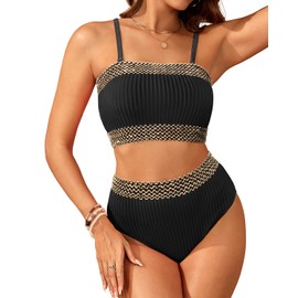 Daci High Waisted Bandeau Bikini Set - Women Strapless Two Piece Swimsuits Ribbed Full Coverage Bathing Suits Swimwear, Black Golden, Medium