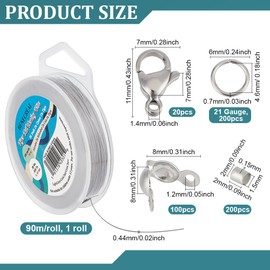 BENECREAT 295 Feet 304 Stainless Steel Beading Wire, Tiger Tail Wire 0.44mm 7-Strand with 200Pcs Crimp Beads, 100Pcs Bead Tips, 20Pcs Lobster Claw Clasps and 200Pcs Jump Rings for Jewelry Making
