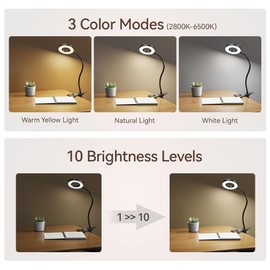 GARMESE LED Desk Lamp Clip on Light with 3 Color Modes 10 Brightness Ring/Clamp Light 360° Flexible Gooseneck Dimmable Eye Protection Desk Light Desk Lamps for Home Office with Video Tutorials