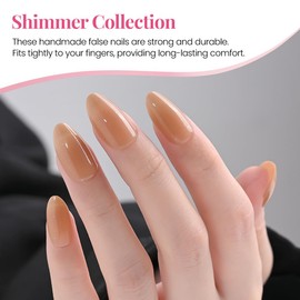 evpct Press on Nails Almond Short - Nude Brown Shimmer Pearl Glossy Soft Gel Press on Nails for Women Gift, Fit Perfectly & Natural Reusable Stick on Nails with Glue in 15 Sizes 30Pcs Fake Nail Kit 11