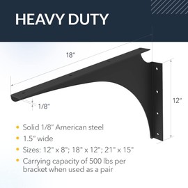 Iron Supports Universal Heavy-Duty Commercial Bracket - Industrial Support Brackets - Steel Mounting Bracket for Shelves, Vanities, Buffets, Desks (Matte Black - 18" Deep x 12" High, Right Hand)