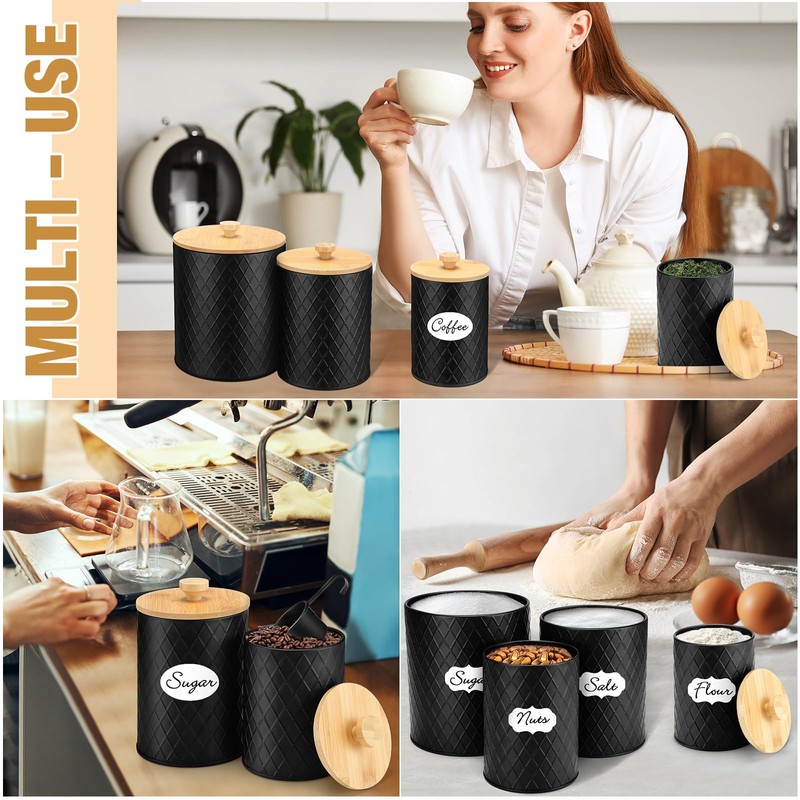 Reallnaive 4 Pcs Black Coffee Canister Set for Kitchen Countertop