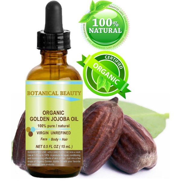 ORGANIC GOLDEN JOJOBA OIL 100% Pure. 0.5oz - 15ml. For Face, Hair and Body. Soft touch of Nature.