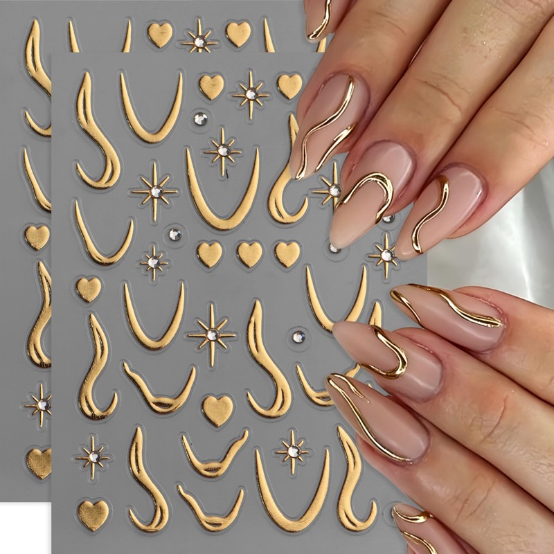 4 Sheets Gold French Line Nail Stickers 3D Self-Adhesive Gold