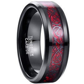 NUNCAD Black Ring, Tungsten Carbide Partner Ring for Men/Women, 8 mm, Celtic Dragon Ring with Carbon Fibres, Blue/Green/Red/Rose Gold, Size 49.3–72 (15.7–22.9), Tungsten