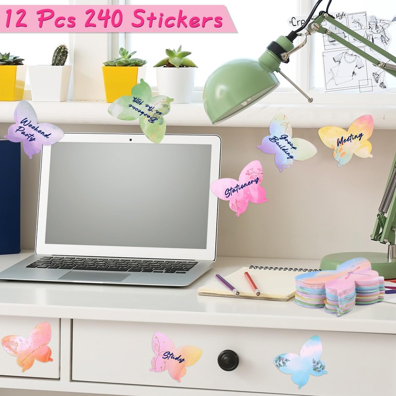 JSRQT 12Pcs Watercolor Butterfly Shaped Sticky Notes, Post Self Stick