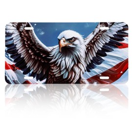 American Eagle License Plate The American Flag Patriotic License Plate Car Front License Plates with 4 Holes Aluminum Metal Car Tag 6.2x12.2 Inch