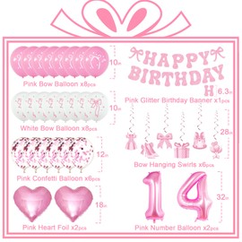 Miidenks 14th Birthday Decorations for Girls, Pink Bow Coquette 14 Birthday Balloons Set,33 Pieces, Includes Banner, Hanging Swirls, Balloons, Perfect for Girls' Party