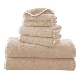 TENSTARS Luxury Silk Hemming Towel Set - Light Thin Quick Drying - 2 Bath Towels 2 Hand Towels 2 Washcloths - Ultra Soft Microfiber Towel for Bath Fitness, Sports, Yoga, Travel (Brown 6 Pieces)