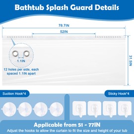 Bettoor Bathtub Splash Guard Prevent Splashing and Keep Bathroom Tidy - for Water Play, Bathing Kids and Pets, Easy Installation with 4 Suction Cups & 4 Sticky Hooks