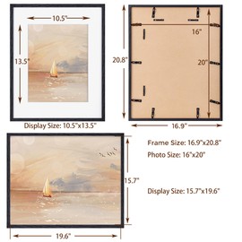 16x20 Oak Wood Picture Frame, 16"x20" Black Wood Frame for Wall, 16x20 Frame Matted to 11x14, 16x20 Poster Frame, Black Frame 16 x 20 with Real Glass, 1 Pack