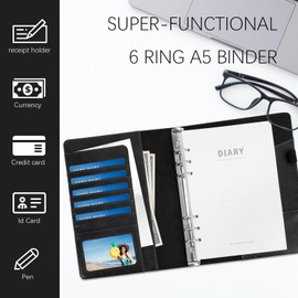 Skycase 6 Holes Binder Notebook A5, PU Leather Loose Leaf Notebook, Ring Binder A5 Refillable, Leather A5 Ring Binder, 6 Round Ring Binder Planner Notebook Cover for A5 Fountain Pen Paper (Black)