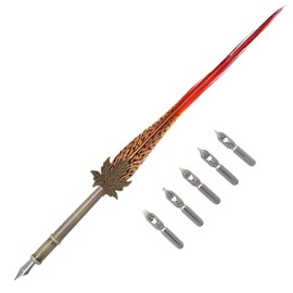 Gullor Quill Handcraft Feather Dip Pen Stem Metal Nib Pen Writing Quill with 5 Extra Nibs, Style A