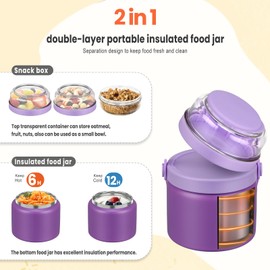 2-in-1 Insulated Thermo for Hot Food with Tritan Snack Box Container 13.5oz Food Jar for Kids Lunch Container Soup Thermal with Spoon Stainless Steel Wide Mouth Vacuum for School Office Travel
