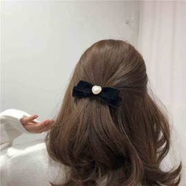 Yheakne-Lazo de terciopelo para el pelo, pinza para el pelo, color negro satinado, lazo para el pelo de cola larga, lazo para el pelo de invierno, lazo, pasador francés, accesorios para el cabello par