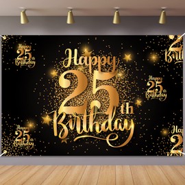 Happy 25th Birthday Backdrop Banner Step and Repeat 25 Years Old Background Decorations for Women Men Her Him Photography Party Supplies Glitter Black Gold