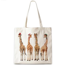 CosxHabitat Christmas Giraffe Tote Bag, Giraffe Animal Lover Gifts Canvas Tote Bags, Holiday Christmas Lights Santa Hat Giraffes Reusable Grocery Shopping Bag