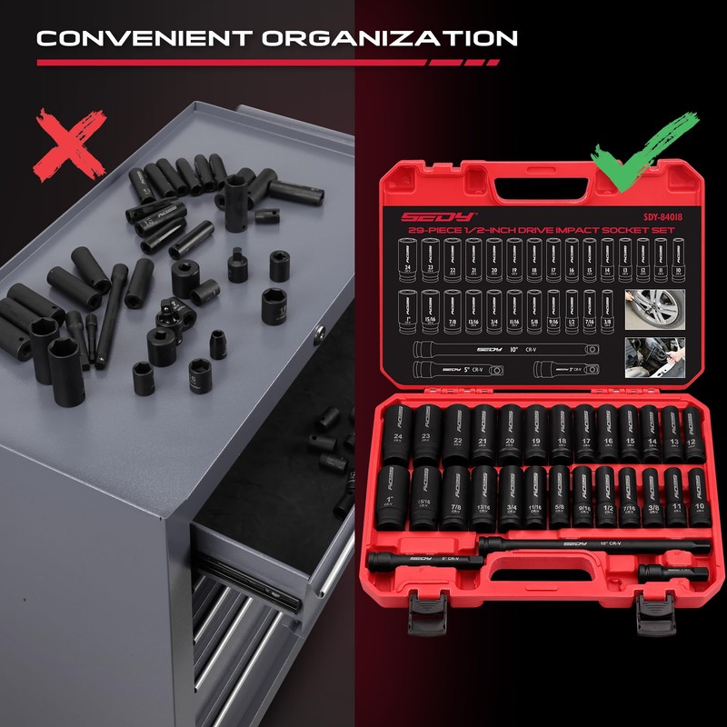 29-Piece 1/2" Drive Impact Socket Set, SAE (3/8 to 1