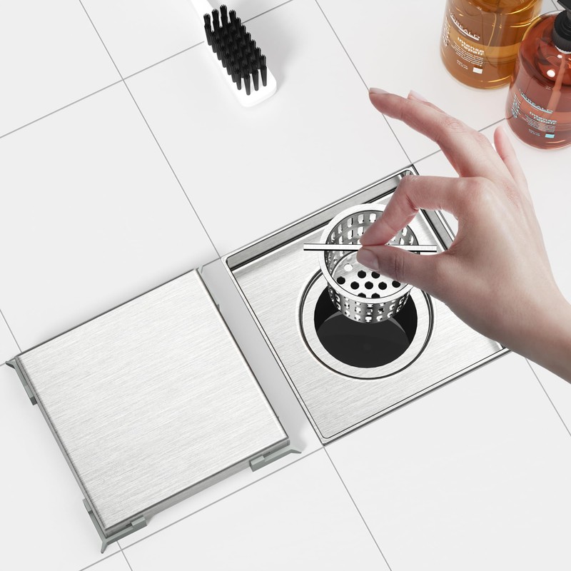 Neodrain 4-Inch Square Shower Drain with Removable Tile Insert Grate,Brushed