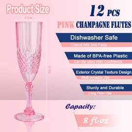 CHICERA 12 Pcs Pink Plastic Champagne Flutes,Pink Champagne Glasses Bulk, Made of Durable Plastic Material Can be Used for Weddings, Everyday Fun Parties and More!