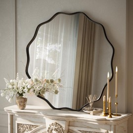 VooBang Black Scalloped Circle Mirror, 30" Wavy Edge Round Wall Mirror with Tempered Glass Textured Circular Metal Deep Frame, Hanging Leaning for Bathroom, Hallway, Entryway, Livng Room