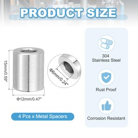 PATIKIL 4 Pcs Stainless Steel Spacers, 6mm ID x 12mm OD x 15mm Height 304 Stainless Steel Bushing Screw Standoff Unthreaded Round Spacer for 1/4"M6 Screws Bolts Nuts
