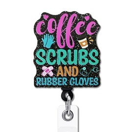 YAZMEEN Funny Nurse Badge Reel Gifts - Coffee Scrubs and Rubber Gloves - Retractable Badge Holder with Alligator Clip - Black Glitter Acrylic ID Card Holder - Gifts for RN CNA LPN Nursing Student