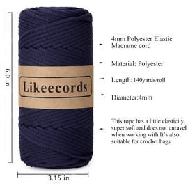 Likeecords 4mm Polyester Braided Macrame Cord 140Yards /426Feet,Elastic Yarn for Crocheting Bag Cord for DIY Crafts,Plant Hangers, Bag, and Home Decorations