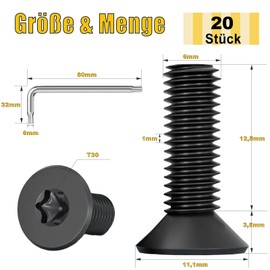 ORTAVA Pack of 20 M6 x 16 Countersunk Screws Torx Screws Black Countersunk Head Stainless Steel A2 V2A Black Oxide Machine Screws with Torx Key for Machine Equipment and Home Furniture